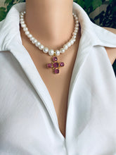 Carica l'immagine nel visualizzatore di Gallery, White Potato Pearl Necklace, 9–11mm, Gold Plated Pink Quartz Cross Pendant , Magnetic Clasp, 17.5"