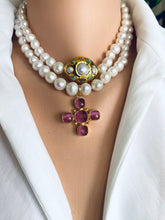 Carica l'immagine nel visualizzatore di Gallery, White Potato Pearl Necklace, 9–11mm, Gold Plated Pink Quartz Cross Pendant , Magnetic Clasp, 17.5"