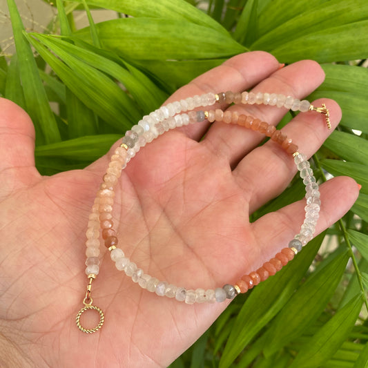Moonstone choker necklace featuring multi moonstone beads with a delicate iridescent sheen.