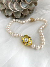 Charger l'image dans la galerie, White Pearl Necklace, 9–11mm, Gold Plated Focal Accent, Magnetic Clasp, 16"–18"