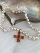 Carica l'immagine nel visualizzatore di Gallery, White Potato Pearl Necklace, 9–11mm, Gold Plated Pink Quartz Cross Pendant , Magnetic Clasp, 17.5"