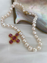 Carica l'immagine nel visualizzatore di Gallery, White Potato Pearl Necklace, 9–11mm, Gold Plated Pink Quartz Cross Pendant , Magnetic Clasp, 17.5"