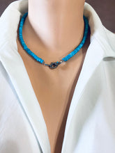 Carica l'immagine nel visualizzatore di Gallery, Faceted Turquoise Howlite Necklace, 6mm Heishi Indian Cut Beads, Oxidized Silver Diamond Pavé Clasp with Turquoise, 17.5"