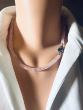 Carica l'immagine nel visualizzatore di Gallery, Faceted Rose Quartz Necklace, 6.5mm Heishi Indian Cut Beads, Oxidized Silver Diamond Pavé Clasp, 19"