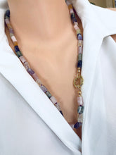 Charger l'image dans la galerie, Collier en quartz rose, améthyste, citrine et préhnite, avec breloque à ressort, plaqué or, 58 ou 62 cm