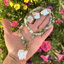 Cargar imagen en el visor de la galería, Chrysoprase Necklace, Dragonfly Charm & Baroque Pearl Pendant