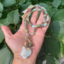 Cargar imagen en el visor de la galería, Chrysoprase Necklace, Dragonfly Charm & Baroque Pearl Pendant