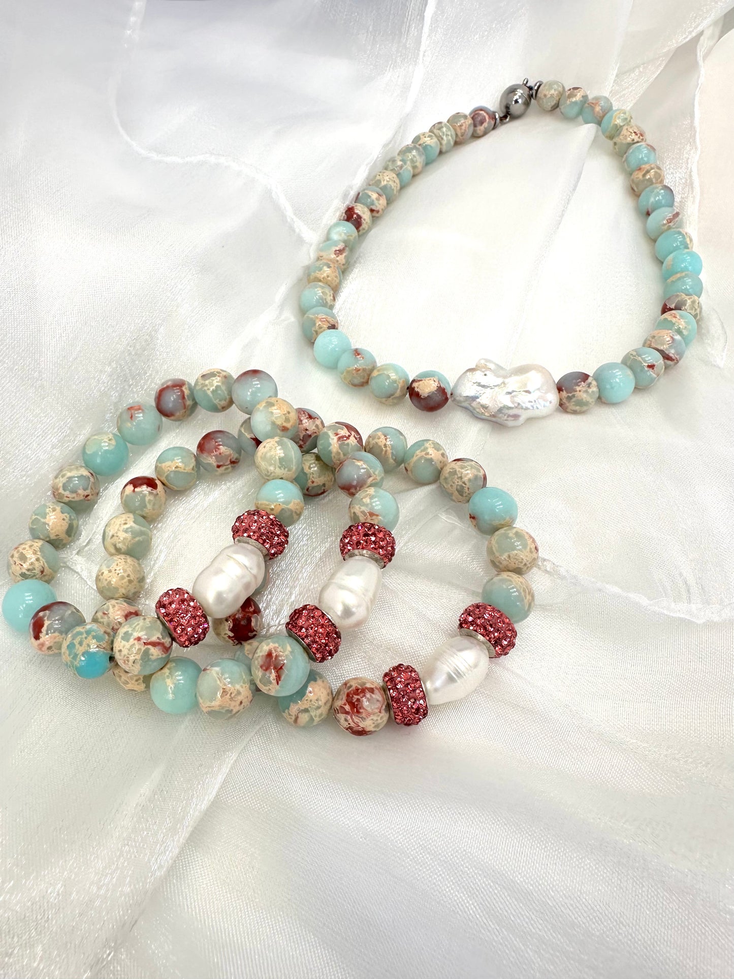 Jade & Gemstone Necklace with Baroque Pearl Center, 16.5" Magnetic Clasp