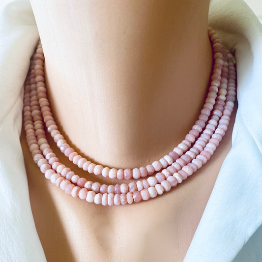 Pink opal short necklace worn on model layered at the collarbone for a soft elegant look