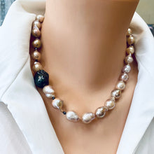 Carica l'immagine nel visualizzatore di Gallery, Frontal close-up of pink baroque pearl necklace on mannequin, handmade freshwater pearls.