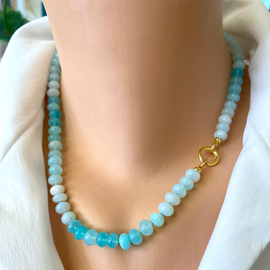 Opal candy necklace with sky blue opal beads and gold clasp, showcasing a fresh spring and summer style.
