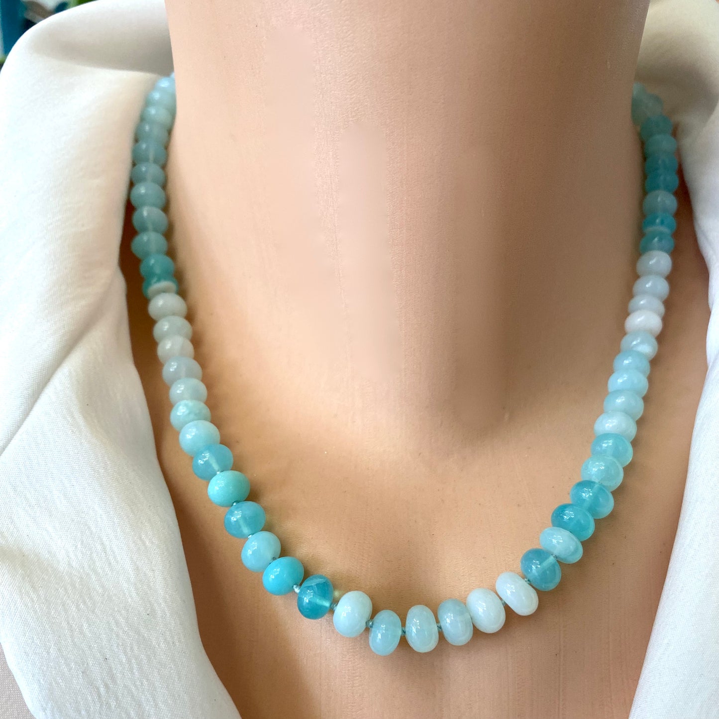 Opal candy necklace featuring sky blue opal rondelle beads, designed for spring and summer styling.