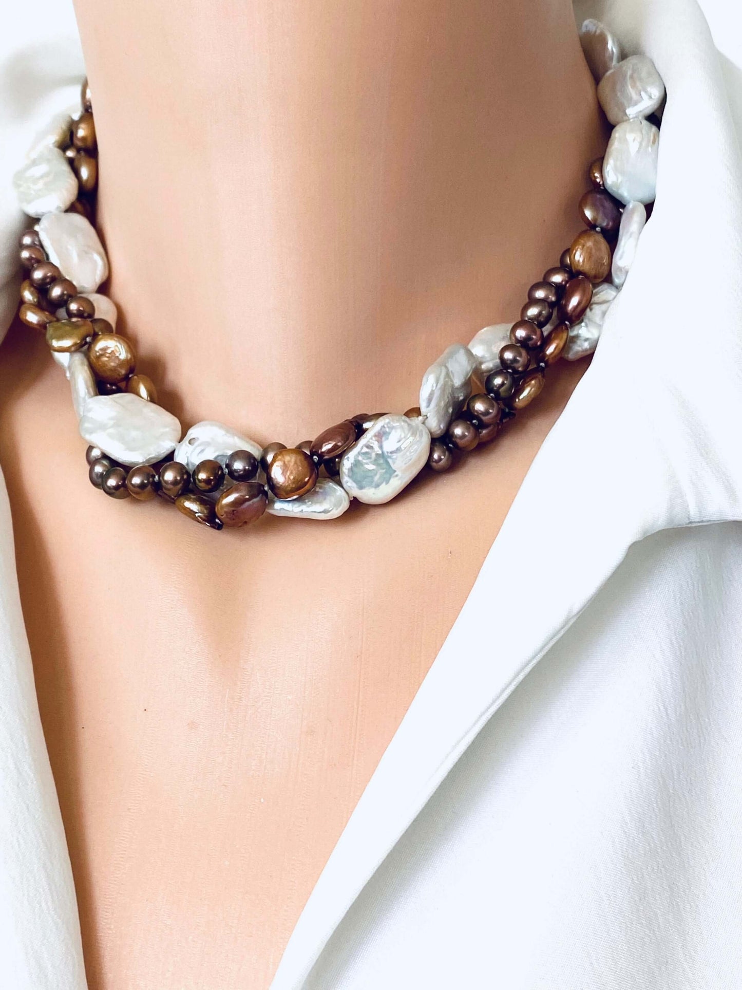 Twisted Pearl Choker, Mixed White Baroque & Bronze Pearl Necklace 17"