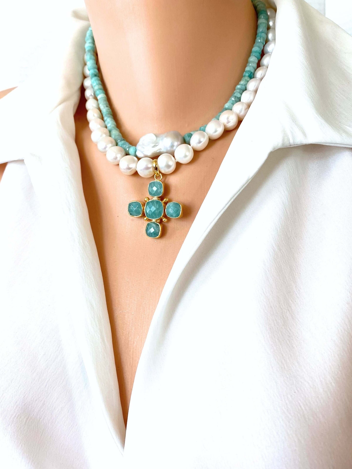 Pearl Choker with Amazonite Cross