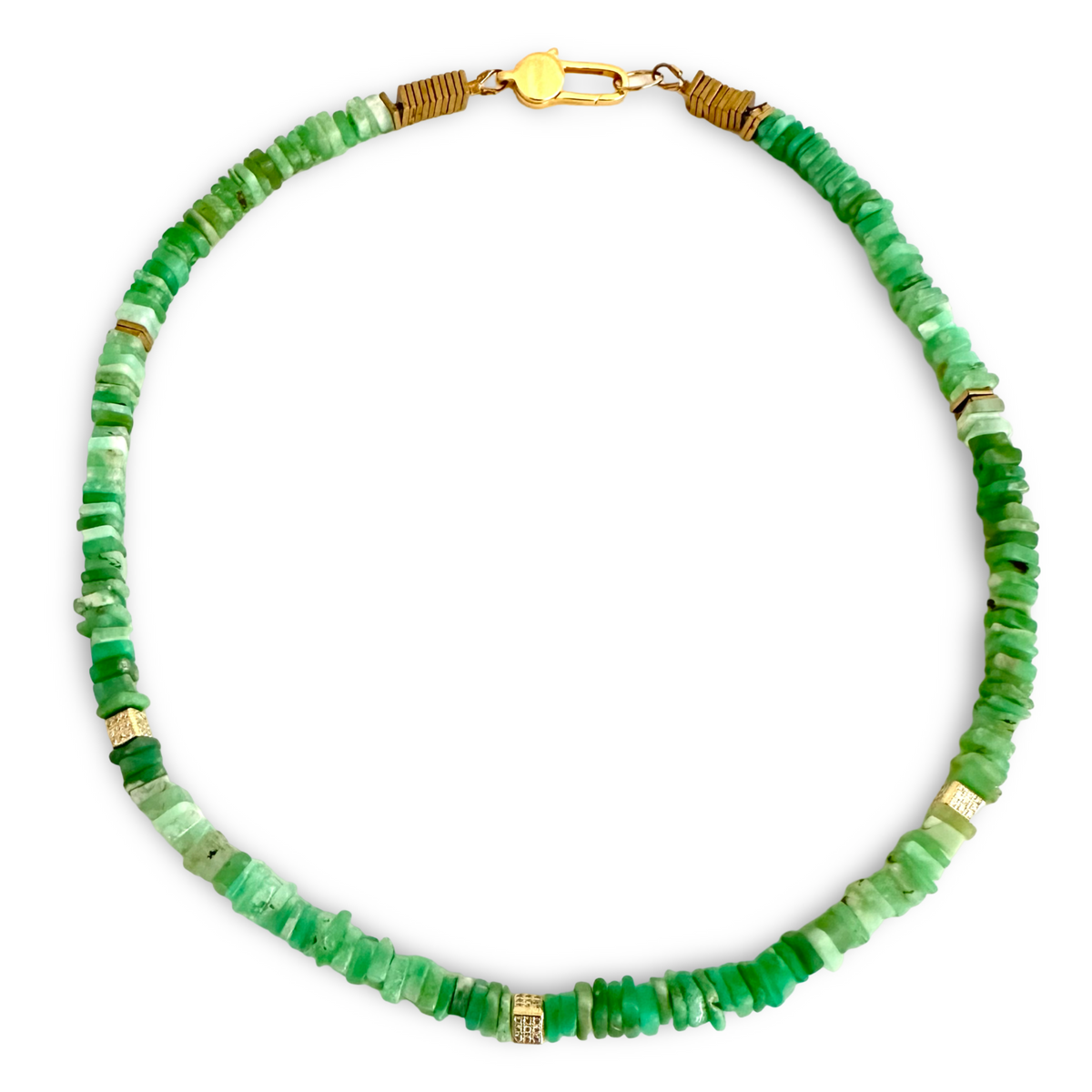 A beaded necklace made of small, irregular green stone chips, accented with gold spacers and wrapped gold cord details, shown on a plain white background.