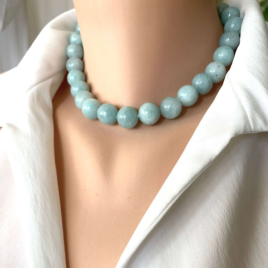 baby blue amazonite necklace on a bust