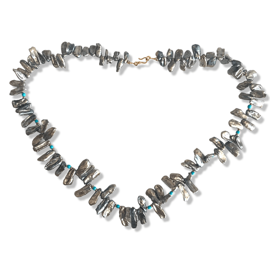 biwa stick pearls in dark grey with Turquoise and gold vermeil beads and details Necklace –
