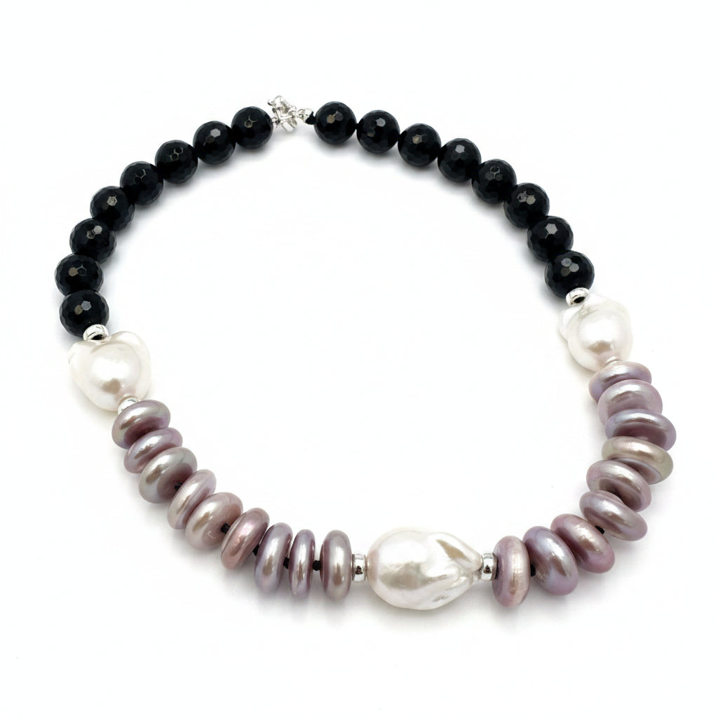 Baroque pearl necklace with black tourmaline and purple pink coin pearls, 17 inch length