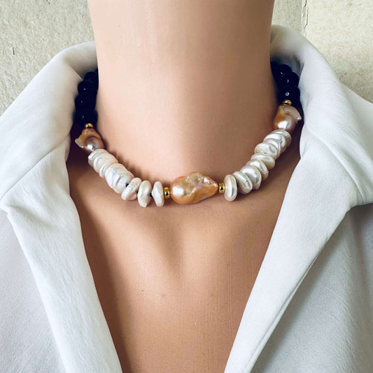 Baroque pearl necklace with black tourmaline worn at collarbone, 17 inch statement design