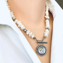 Cargar imagen en el visor de la galería, White Distressed Pearls Necklace with Repro Roman Coin Toggle Clasp