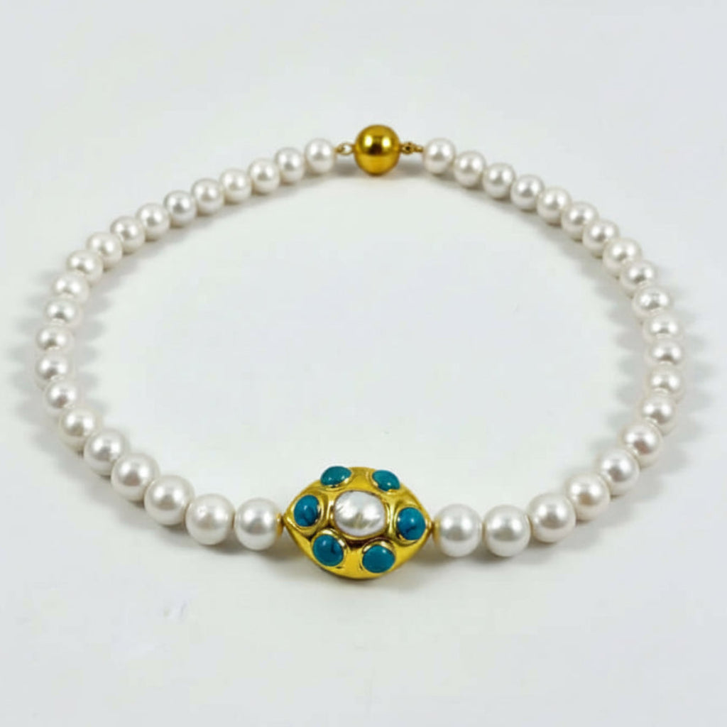 metallic silver white edison pearl necklace hand knotted with turquoise accent