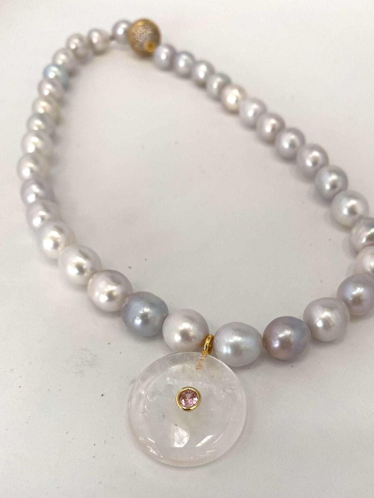 silver blue pearl necklace with coin pendant and magnetic clasp