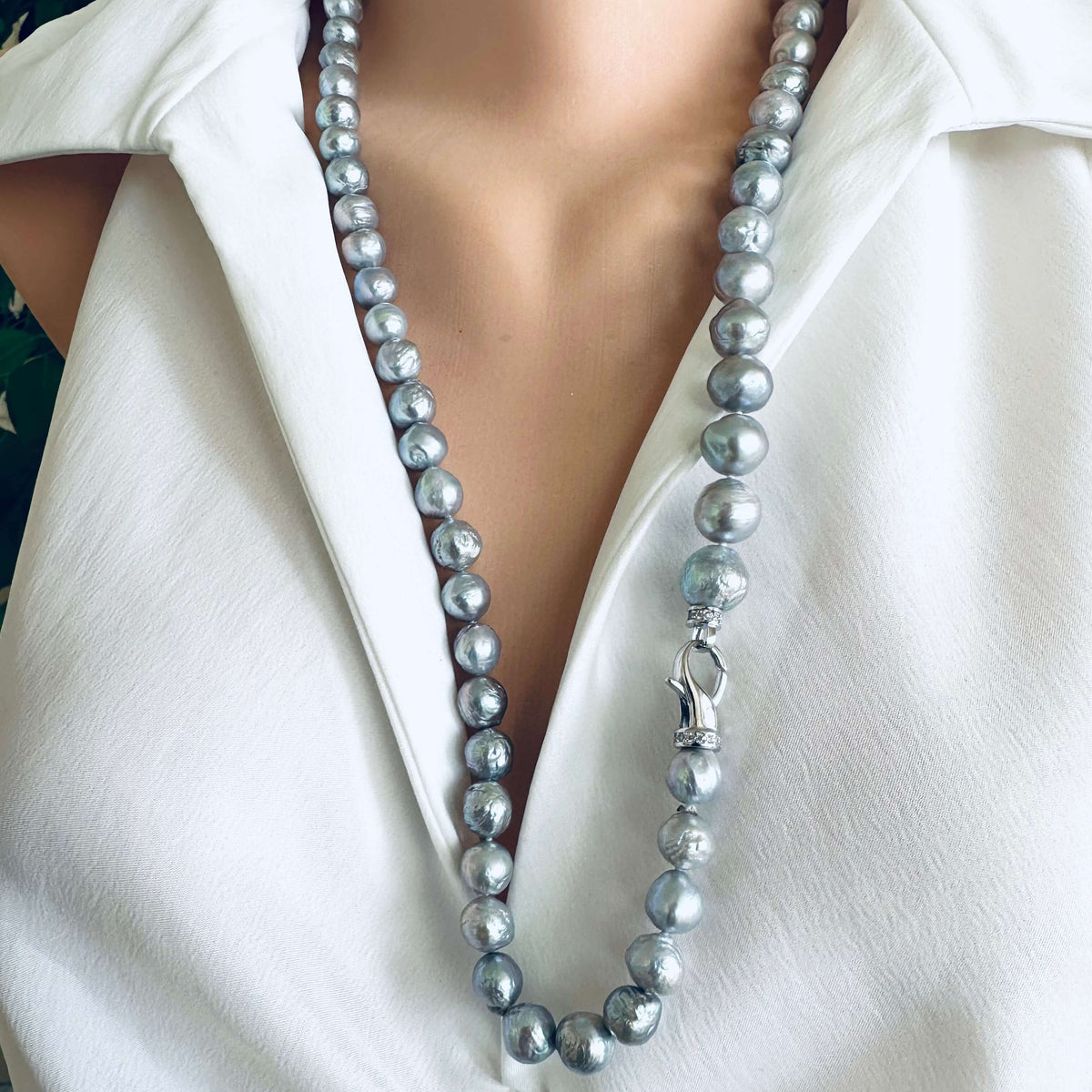 Long grey Edison baroque pearl necklace styled doubled for layered pearl look