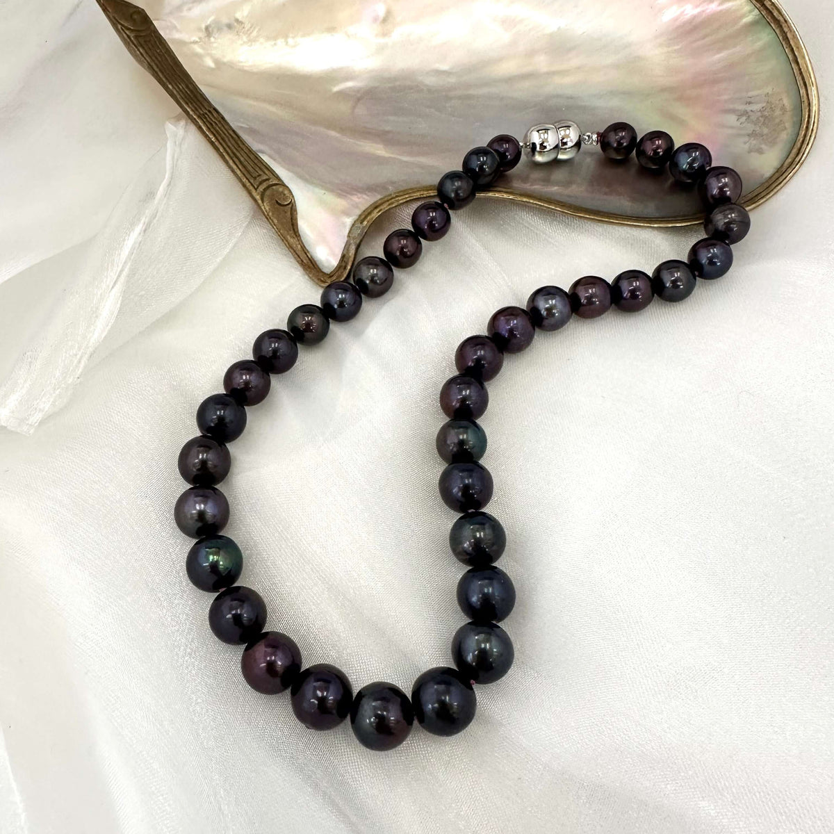 Black beaded necklace on a white surface with a large shell in the background