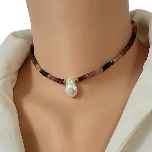 the pearl solitaire choker necklace in multi tourmaline and gold filled finish
