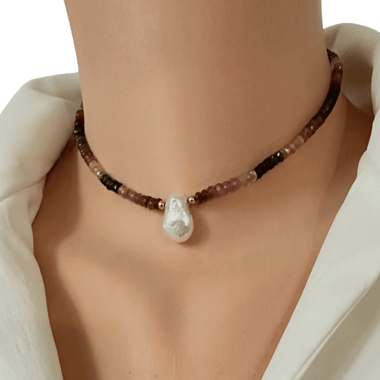 the pearl solitaire choker necklace in multi tourmaline and gold filled finish