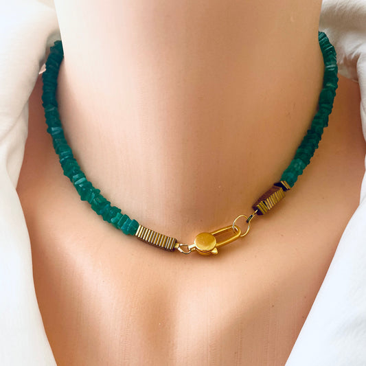 Green onyx choker necklace featuring gold vermeil clasp and deep green beads
