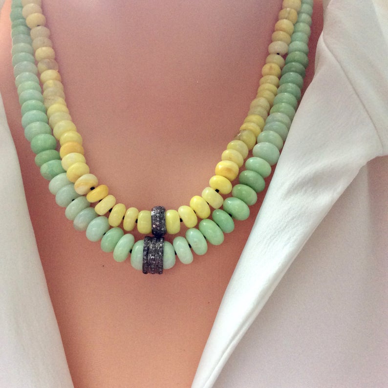 Yellow opal necklace with diamond accents, handmade in Canada, featuring vibrant yellow and green beads.