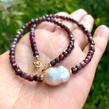 Cargar imagen en el visor de la galería, Stunning deep red  Necklace featuring faceted cube shape Garnet beads and a Large White Baroque Pearl centerpiece. A thoughtful January Birthstone Personalized Gift For Her. Crafted with gold filled, the necklace measures 16 inches in length