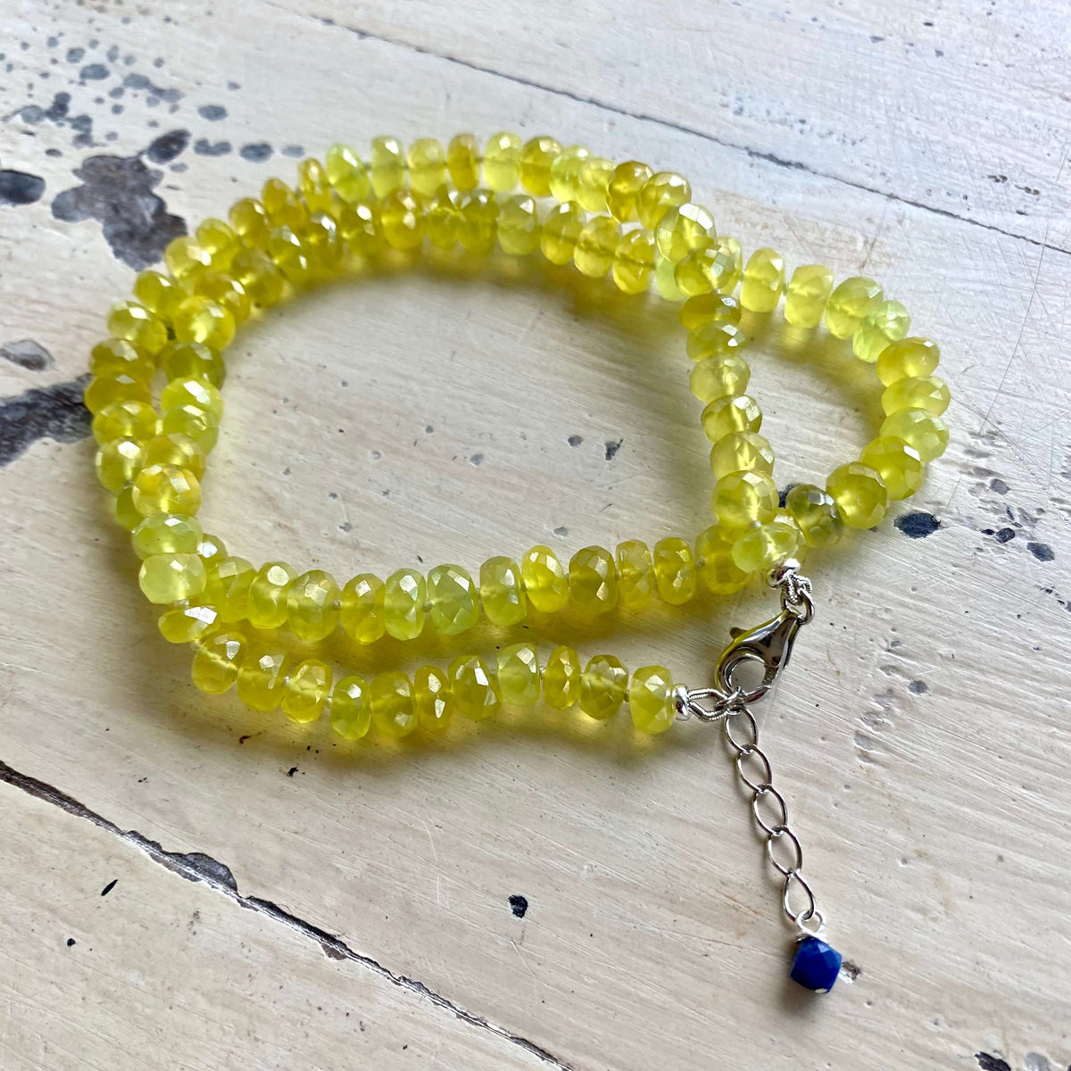 Yellow Green Chalcedony Necklace — Handmade in Canada, featuring vibrant yellow-green gemstones and a lobster clasp.