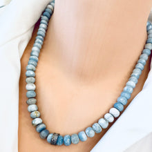 Cargar imagen en el visor de la galería, hand knotted and shaded blue boulder opal faceted rondelle beads necklace , with diamond pavé sterling silver embellishment ring in the center. Finished with silver marine closure. 19.5inches long.