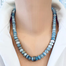 Cargar imagen en el visor de la galería, hand knotted and shaded blue boulder opal faceted rondelle beads necklace , with diamond pavé sterling silver embellishment ring in the center. Finished with silver marine closure. 19.5inches long.
