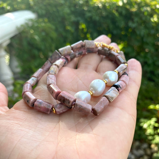 Rhodonite pearl necklace showing natural pink gemstone tones and white pearls