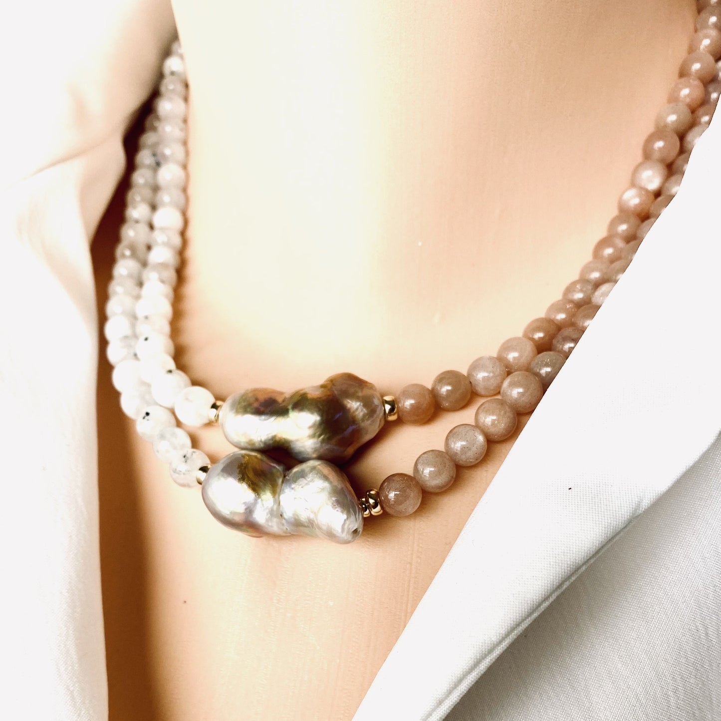 Sunstone, Moonstone & Lavender Baroque Pearl Necklace