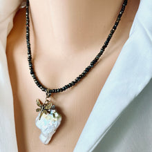 Lade das Bild in den Galerie-Viewer, Dragonfly & Large Keshi Pearl Charm Pendant on Pyrite Beaded Chain