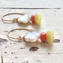 Cargar imagen en el visor de la galería, Floral Pearl Drop Earrings, Dainty Baroque Pearl w Quartz & Coral Earrings