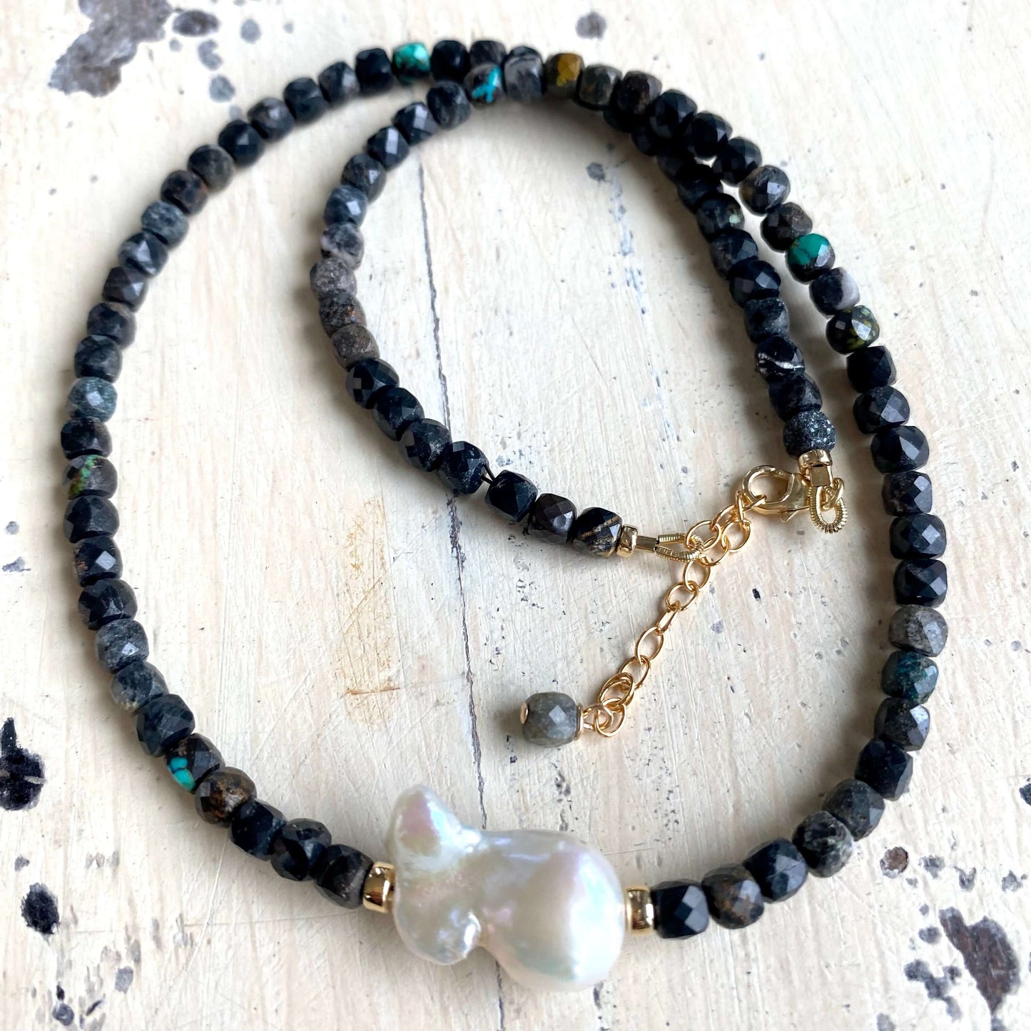 Black turquoise baroque pearl necklace handmade in Canada with natural stones and freshwater pearl