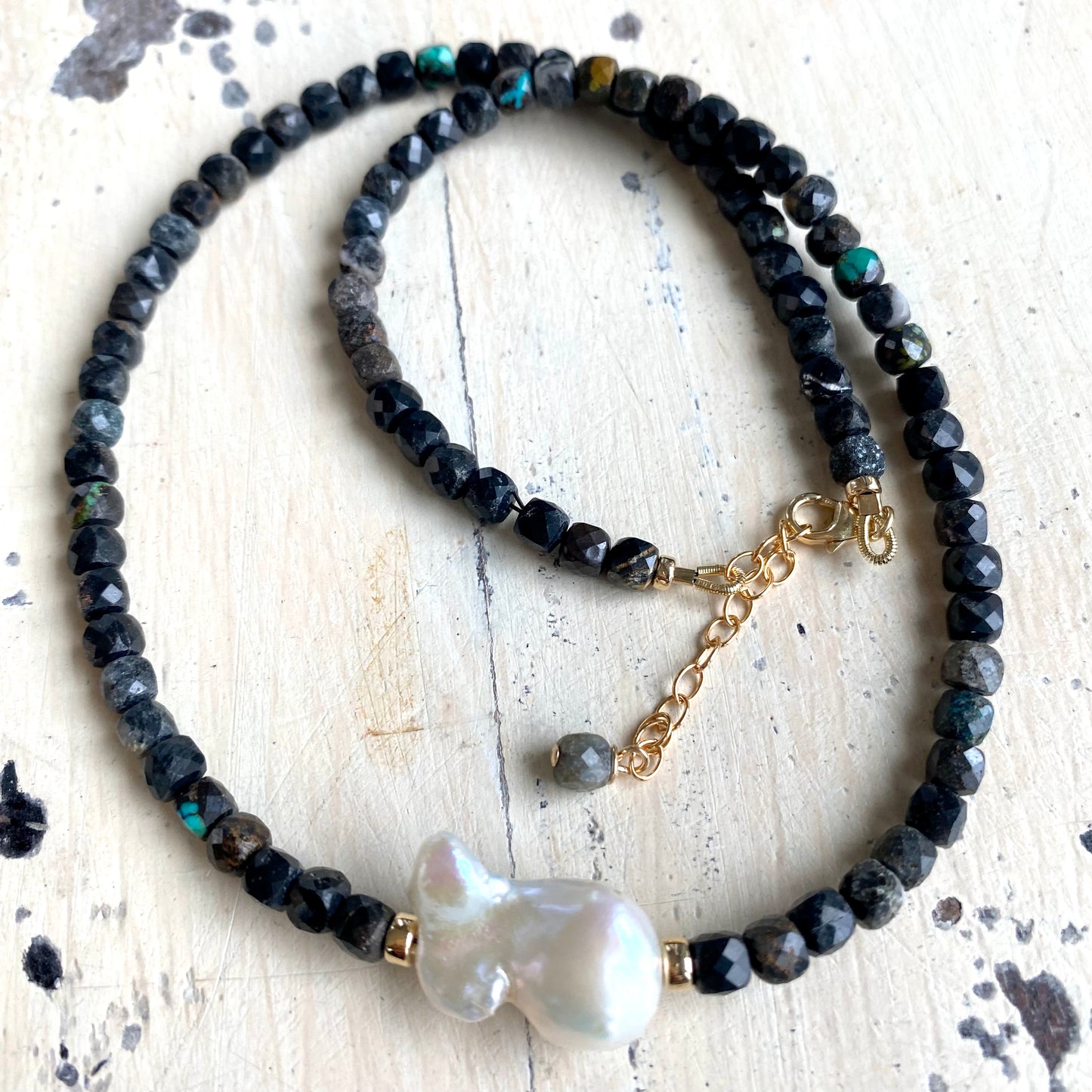Black turquoise baroque pearl necklace handmade in Canada with natural stones and freshwater pearl