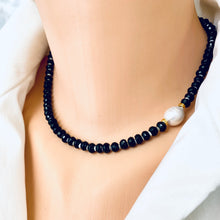 Load image into Gallery viewer, Black onyx faceted beaded choker necklace featuring shell beads and a freshwater baroque pearl on the side, accented with vermeil gold-plated silver. The necklace measures 16 inches and combines bold black tones with classic pearl elegance.