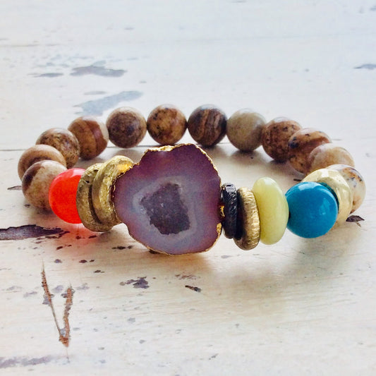 Bracelet en quartz druzy orange, bracelet en jaspe naturel, cadeau de yoga mala turquoise