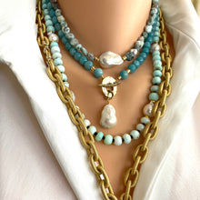 Cargar imagen en el visor de la galería, Blue Amazonite & White Baroque Pearl Necklace