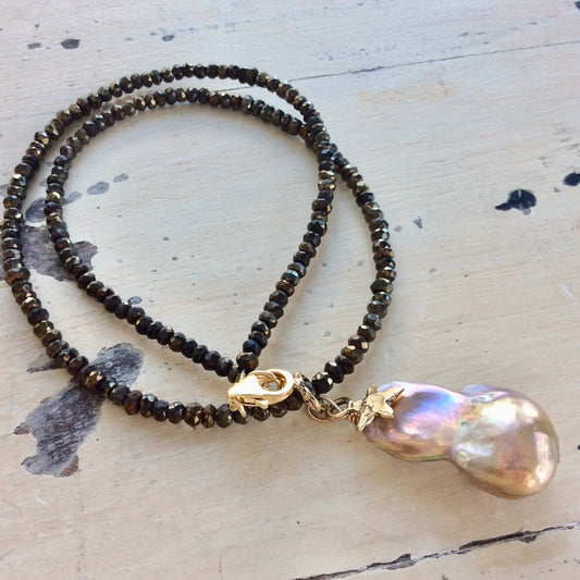 Baroque Pearl Pendant on Bronze Pyrite Chain