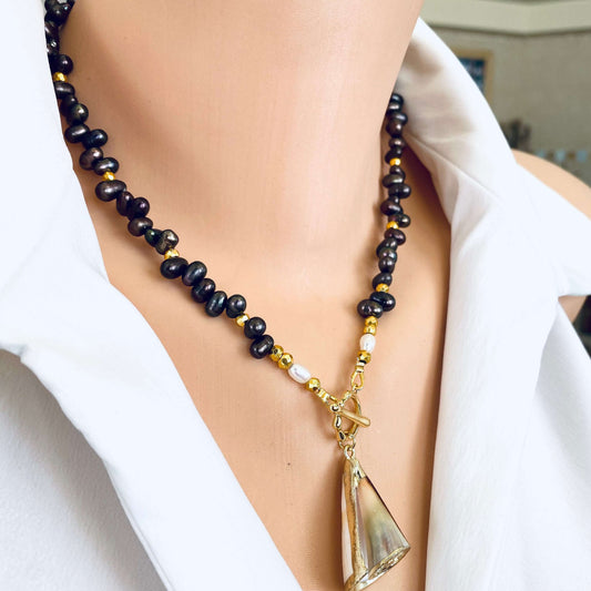Brown pearl seashell necklace featuring freshwater brown pearls and seashell pendant