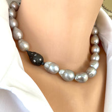 Load image into Gallery viewer, Elegant Silver Grey Baroque Pearl Choker Necklace with Baroque Inspired Element - Black Rhodium Plated Silver Element and Box Clasp, 16inches long. Hand knotted pearl necklace