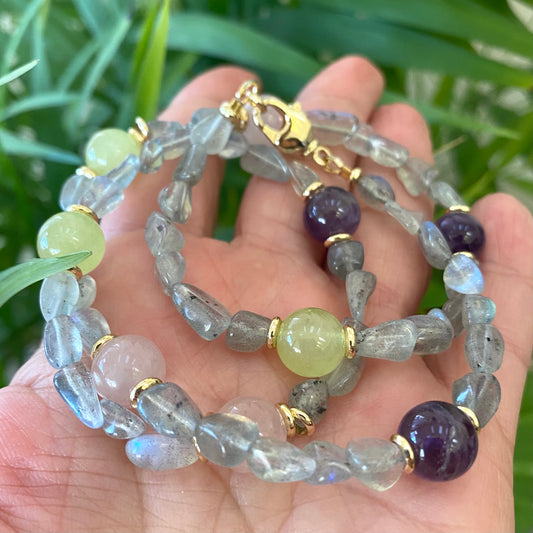 Labradorite bonbons necklace with labradorite nuggets and mixed gemstone beads held in hand, handmade Canadian jewelry