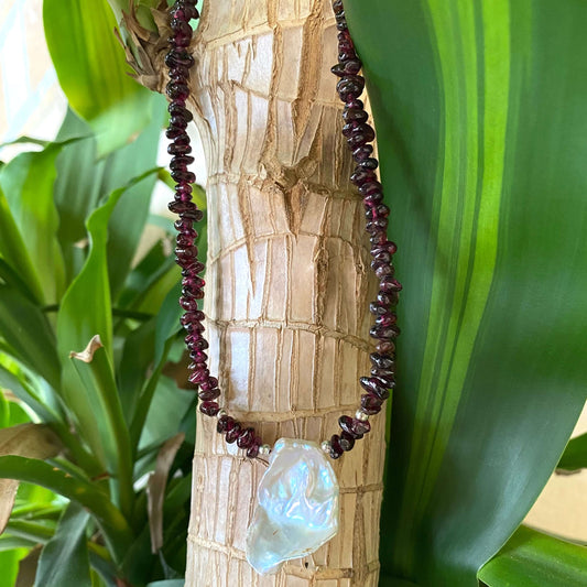 Garnet and Baroque Pearl Necklace